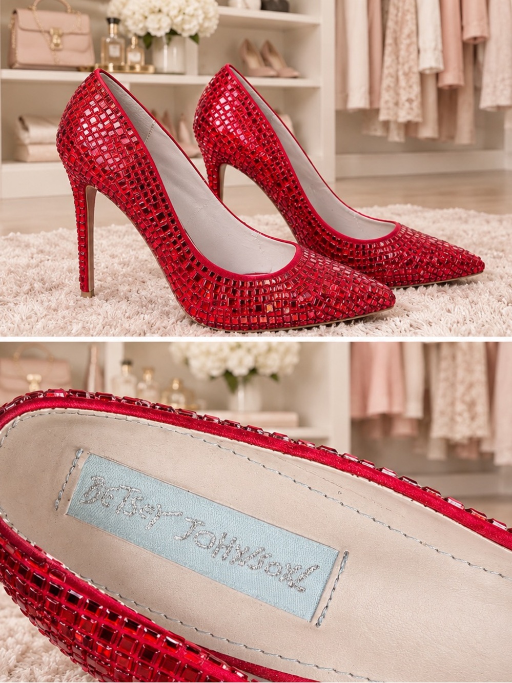 Betsey Johnson Red Rhinestone Crystal Pointed Toe Pumps EUC Worn Once